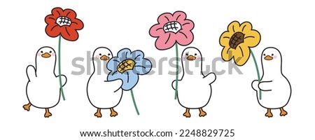 Set of cute duck hold big flower on white background.Farm animal character in various poses  cartoon design collection.Spring.Kawaii.Vector.Illustration.