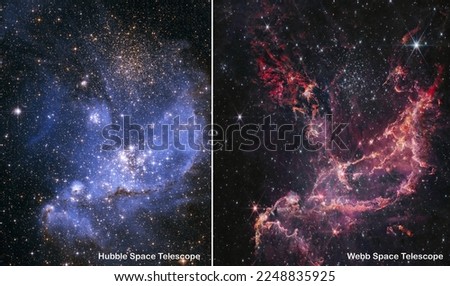 Webb and Hubble space telescopes side by side comparisons visual gains. Nebula NGC 346 stellar nursery. Elements of this picture furnished by NASA Royalty-Free Stock Photo #2248835925