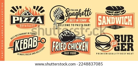 Fast food stickers and labels collection for diner restaurant or cafe bar. Vector menu with lettering and various meals. Burgers and pizza symbols spaghetti fried chickens and sandwich graphics. 