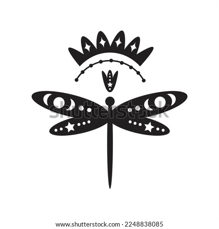 Sacred dragonfly black and white vector illustration. Boho doodle style celestial insect. Isolated vector illustration for astrology, t shirt print, tattoo, decorative element