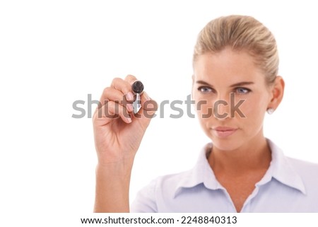 Business woman, hand and writing on glass wall for ideas, calendar management and isolated growth planning. Corporate worker, employee and thinking for schedule innovation goals on white background