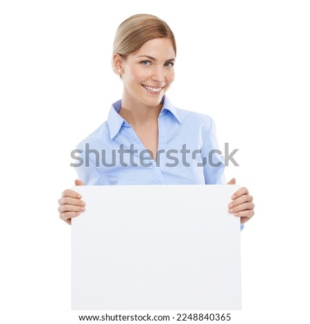 Happy business woman with a poster with mockup space for announcement, advertising or marketing. Signage, card and portrait of female model with blank board with copy space by white studio background