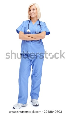Healthcare, woman and portrait of a nurse in a studio with a stethoscope ready for a consultation. Nursing, doctor and happy female medical worker from Canada in scrubs isolated by a white background Royalty-Free Stock Photo #2248840803