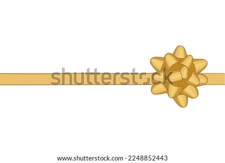 Golden gift ribbon with bow. Decorative wrapping tape for Valentines Day, Birthday, Anniversary presents, greeting, gift, discount cards. Flat Realistic illustration isolated on white background.