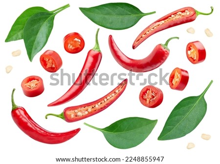 Collection chili pepper with leaves. Red hot chili pepper isolated on white background. Hot pepper fruit clipping path. Chili macro studio photo Royalty-Free Stock Photo #2248855947