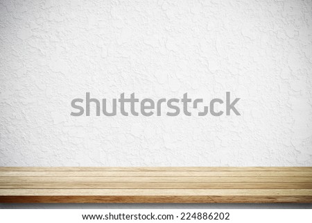Wood table and white wall kitchen background, Food and product table desk, Empty wood tabletop, counter, shelf in kitchen wall room for retail shop, store display mockup, banner, template Royalty-Free Stock Photo #224886202