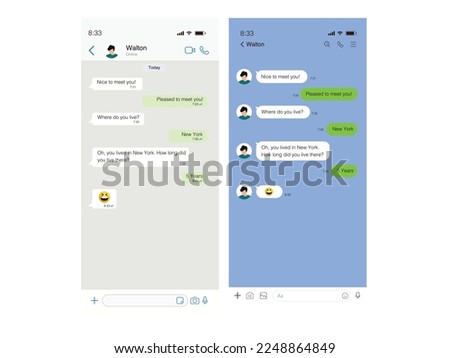 Vector chatting screen in mobile communication illustration. Chat app template. Modern realistic white and black smartphone. Social network concept. Vector. Royalty-Free Stock Photo #2248864849