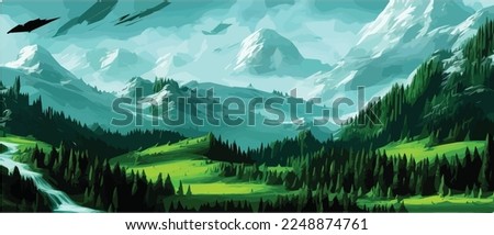 Foggy mountains with coniferous forest vector illustration. Smokey rocky panorama with mountain mountains and silhouettes for pine forest. landscape panorama from Pine mountain forest. with copy space Royalty-Free Stock Photo #2248874761