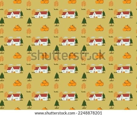 Autumn seamless pattern with grass, two types of trees, farm house and halloween pumpkins vector