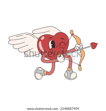 Groovy lovely stickers hearts character cupid with a bow. Love concept. Happy Valentines day. Funky happy heart character in trendy retro 60s 70s cartoon style. Vector illustration in pink red colors	