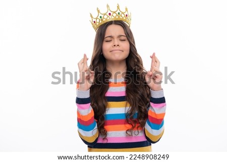 Girls birthday party, funny kid in crown. Imagine herself a queen, child wear diadem. Successful teenager wear luxury beauty queen crown, success.