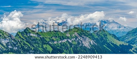 Switzerland 2022, Beautiful view of the Alps from Niederbauen Chulm. Panorama.