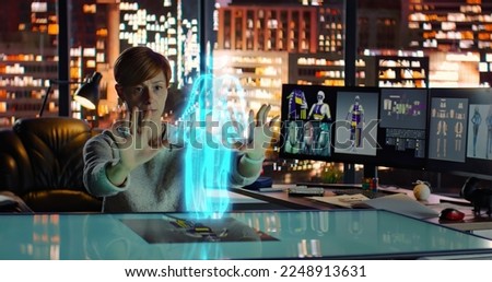 Female Fashion Designer Worke with Holographic Augmented Reality 3D Model. Young Woman Create New Clothing Collection. Scientific Technology. Fashion and Art Concept. High quality 3d illustration