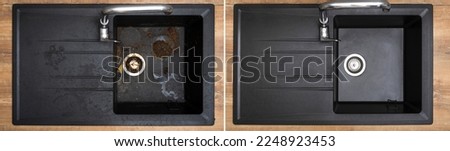 House cleaning service granite kitchen sink black with leftover bits of food before - after washing. Banner Royalty-Free Stock Photo #2248923453