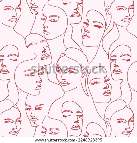 Continuous line, drawing of faces, fashion minimalist concept, vector illustration. Modern fashionable pattern. Glamour one line drawing women faces seamless pattern.