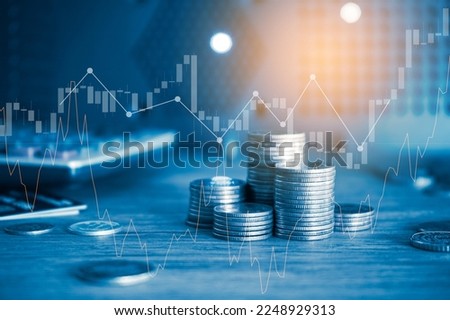pile of money coin calculator, credit card with trading graph, financial and business background. 