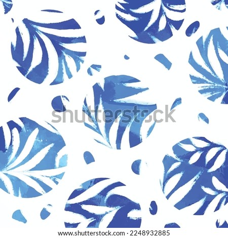 Abstract blue textured grunge circle blob isolated on white background with white leaves decorations
