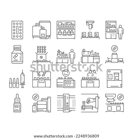 Medical Drugs Production Factory Icons Set Vector. Pharmaceutical Production Medicine Production Machine And Equipment Collection Black Contour Illustrations Royalty-Free Stock Photo #2248936809