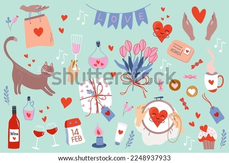 Valentine’s Day element set. Different romantic objects. Vector clip art for scrapbooking, greeting card, party invitation, gift tags.