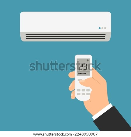 Male manager's hand holds air conditioner remote control and adjusts room temperature - vector with green background Royalty-Free Stock Photo #2248950907