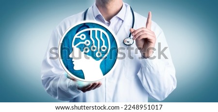 Unrecognizable medical practitioner with raised index finger reminding of artificial intelligence in health care. Technology and healthcare metaphor for AI, digitization, ML and machine learning.
