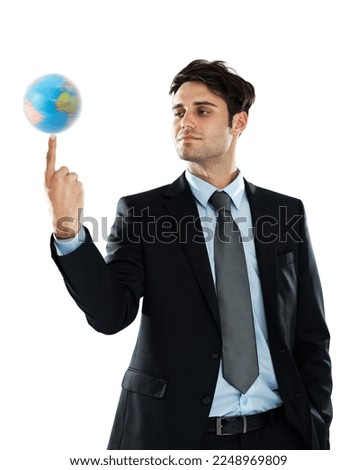Global, business and man with earth on finger, sustainability and future in international industry isolated on white background. Balance, work and corporate businessman with planet in hand in studio.