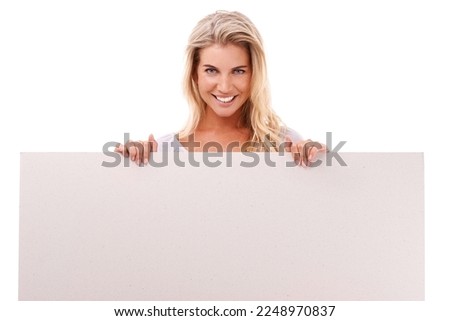 Mockup, studio portrait and woman with poster, placard or billboard for marketing, advertising or product placement. Sign, banner space and sales model girl with promotion mock up on white background
