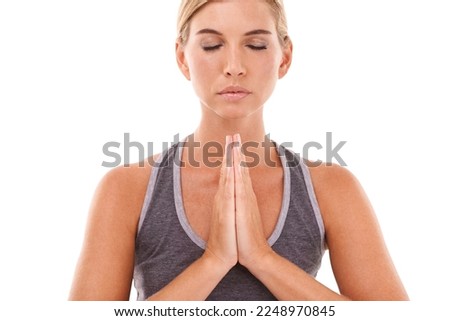 Yoga meditation, healthcare and relax woman meditate for pilates wellness, spiritual soul aura or chakra energy healing. Namaste, zen mindset peace and model mindfulness on white background studio
