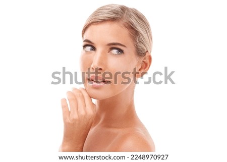 Skincare, thinking and woman in studio for makeup, hygiene and grooming on white background. Beauty, confidence and girl model relax, skin and treatment, cosmetic and dermatology care while isolated