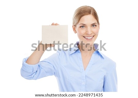 Business, smile and woman with a card with mockup space for announcement or advertising. Signage, bulletin and portrait of a female model with blank board with copy space by white studio background.