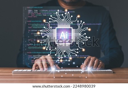 Ai chat GPT, programmer coding, compiler, encode, debug, and developer application software for business corporate with Ai Chat GPT. Man programming coding Ai Chat GPT app, code show virtual screen. Royalty-Free Stock Photo #2248980039