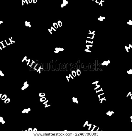 Milk doodle seamless pattern with lettering milk, moo and cow spots on black background. Hand drawn vector illustration for your design products. Cartoon pattern for kids clothes, for kitchen.