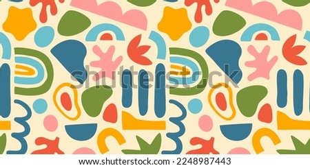 Abstract matisse inspired seamless pattern with colorful freehand doodles. Organic flat cartoon background, simple random shapes in bright childish colors. 