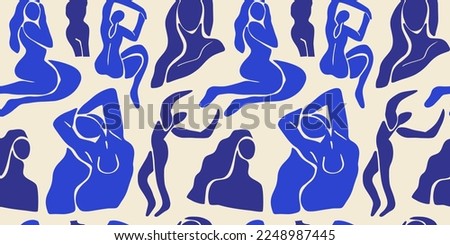 Abstract blue women seamless pattern. Background illustration of flat cartoon woman figures, young vintage matisse art female wallpaper. Backdrop design for fashion fabric or modern trend print. Royalty-Free Stock Photo #2248987445