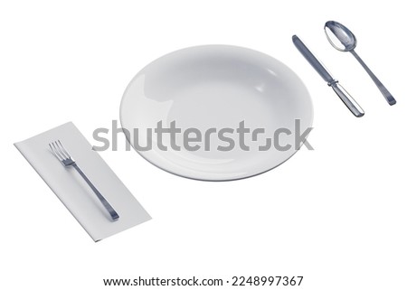 Simple dinner table setting of generic kitchen utensils, 3d rendering. Mockup of tableware with copy space, basic dining set in isolated background
