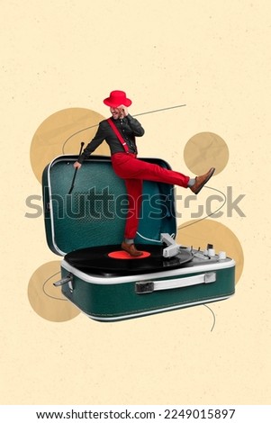 Creative photo 3d collage artwork postcard poster picture of positive man have fun stand suitcase valise isolated on painting background