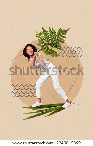 Composite collage image of woman carry hold fern branch nature forest plant green leaf environment friendly surrealism template metaphor
