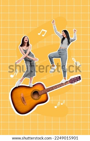 Collage 3d image of pinup pop retro sketch of happy smiling ladies having fun enjoying guitar music isolated painting background