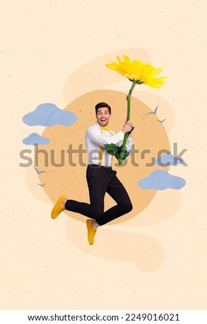 Creative retro 3d magazine collage image of smiling happy guy flying yellow flower isolated painting background
