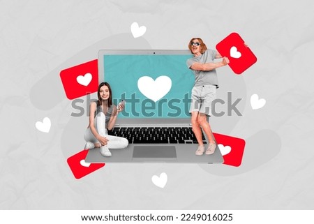 Exclusive magazine picture sketch collage image of happy smiling lady guy blogging apple samsung modern gadget isolated painting background