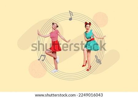 3d retro abstract creative collage artwork template of smiling happy ladies dancing having fun together isolated painting background