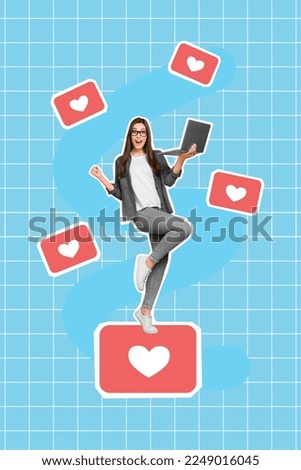 Creative abstract collage template graphics image of lacky lady getting instagram twitter facebook likes isolated drawing background