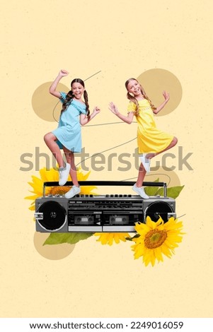 Artwork magazine collage picture of lucky smiling small ladies dancing big disco ball isolated drawing background