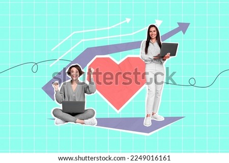 Creative collage image of two successful businesswoman smm manager seo heart icon notification conversion bizarre unusual fantasy
