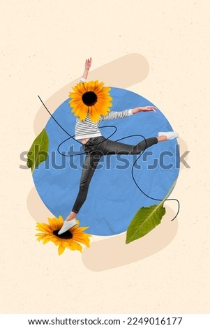 Creative drawing collage picture of dancing elegant excited energetic cheerful young woman sunflower instead head jumping dancing summer