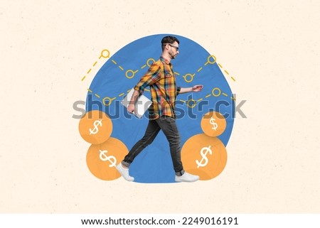 Creative photo 3d collage artwork postcard poster of young rich successful smart man walking office isolated on painting background