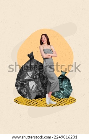 3d retro abstract creative collage artwork template of funny confident lady collecting garbage for reuse isolated painting background Royalty-Free Stock Photo #2249016201