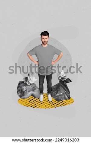 Collage photo of young student man activist hands waist dissatisfied bad mood stop pollution near plastic paper trash isolated on grey background Royalty-Free Stock Photo #2249016203