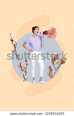 Composite collage picture image of pretty cute young woman loudspeaker megaphone spring flowers blossom advert announce sales shopping