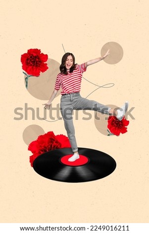 Creative photo 3d collage artwork postcard poster picture of crazy joyful girl singing song have fun isolated on painting background